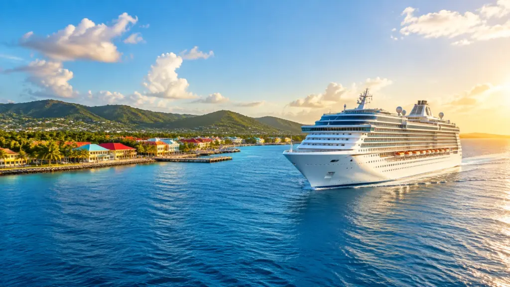 Cruise ship sailing toward a scenic destination